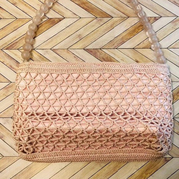Vintage 70s Retro Style Blush Pink Crochet Beaded Shoulder Purse with Flaws - Picture 2 of 8